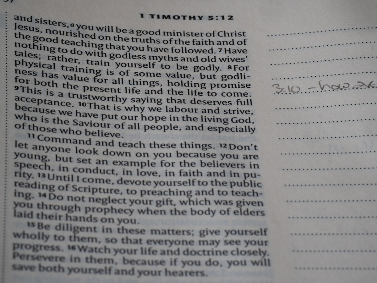 A passage from the bible, 1 timothy, with notes