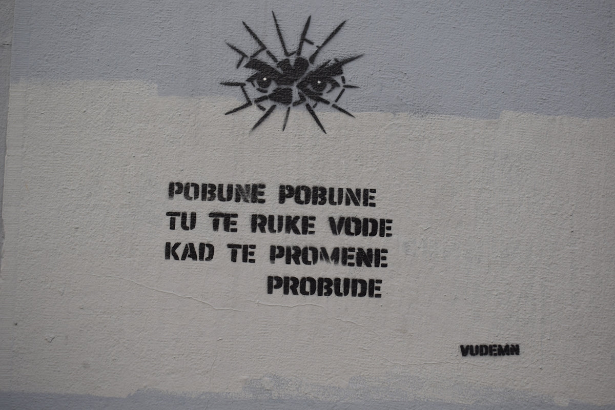 Graffiti with eyes and text on a wall