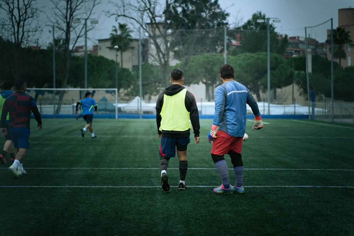 Soccer players training on a field