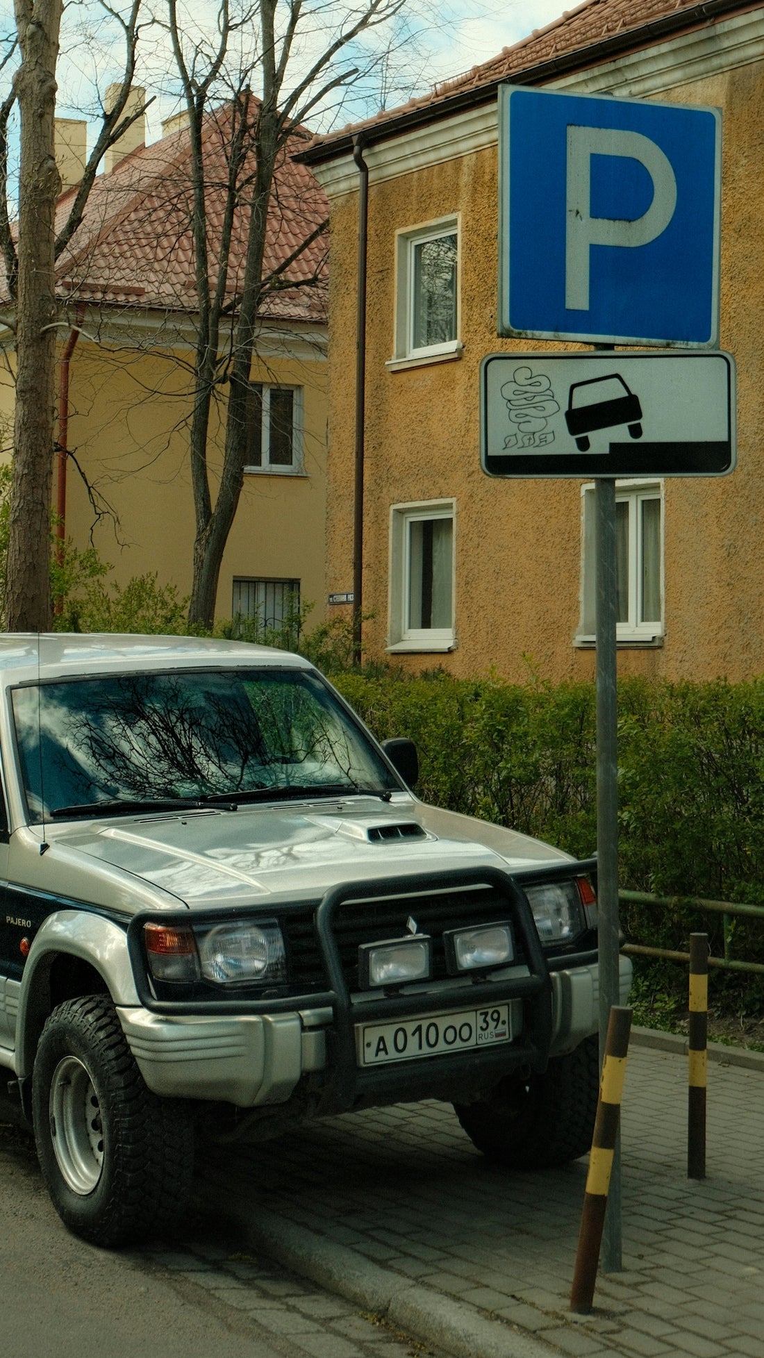 Silver suv parked near a building with parking signs.